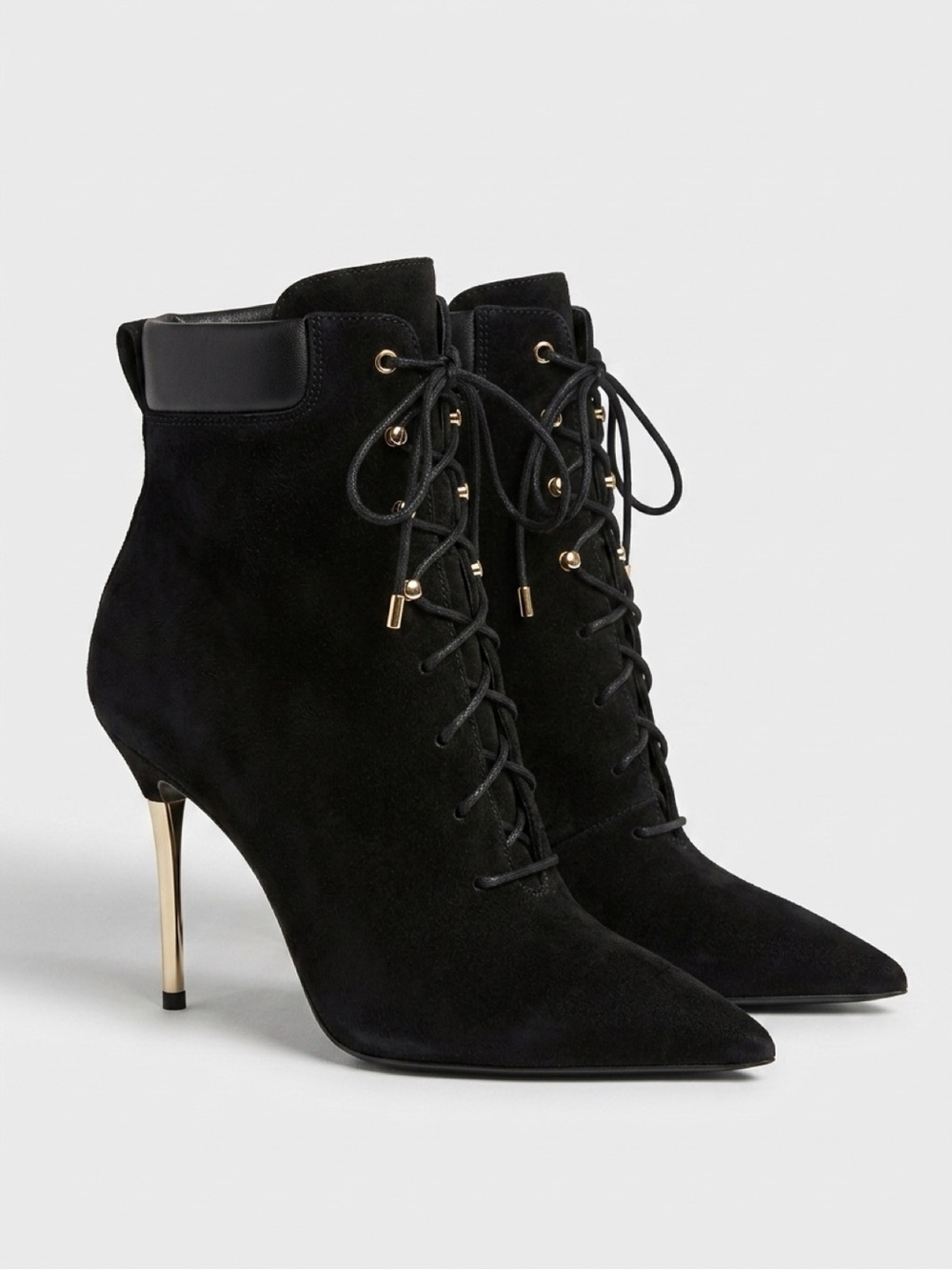 Good American Black Suede Lace-Up Stiletto Ankle Boots